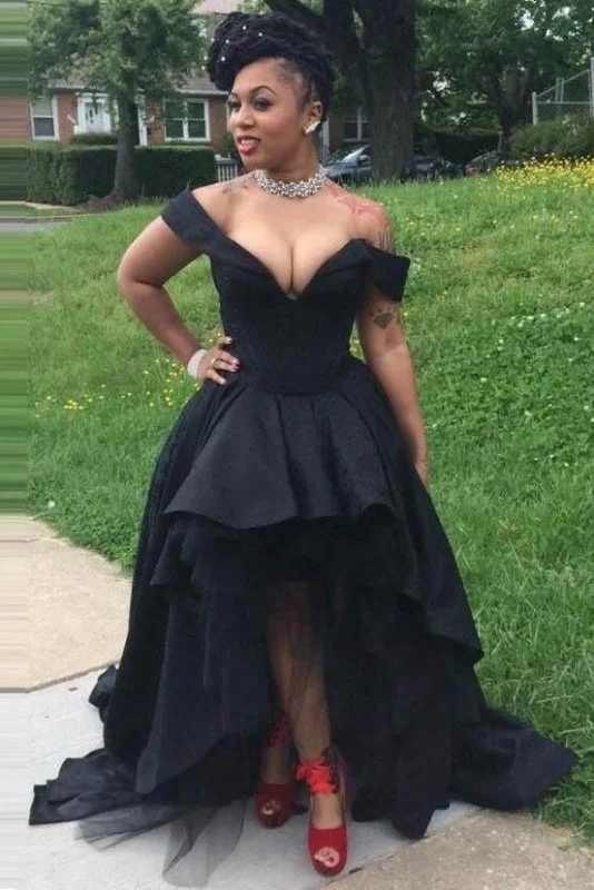 evening dress with shawl-Sexy Black Off the Shoulder V Neck High Low Prom Dresses Party Graduation Gowns