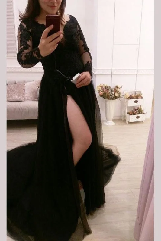 elegant lace overlay evening gown-Sexy Black Split Tulle Lace Appliques Long Sleeves Sweep Train Prom Dress