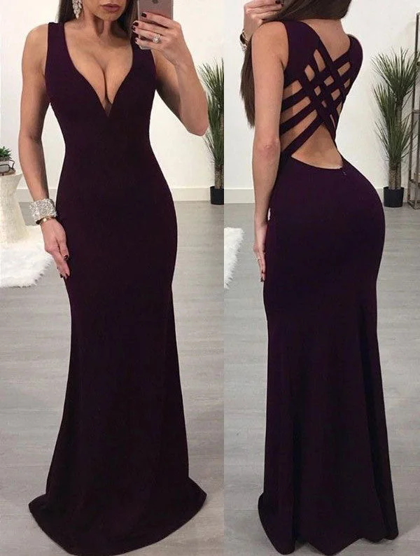 evening gown with train-Sexy Mermaid V Neck Criss Cross Prom Dresses for Women