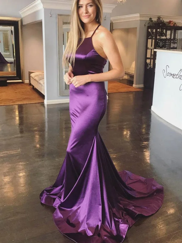 evening gown for black-tie events-Sexy Purple Mermaid Backless Satin Long Prom Dresses with Cross Back, Purple Formal Dresses, Backless Evening Dresses