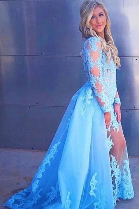 high slit evening gown-Sexy Sleeve Prom Appliques Long Formal Dress with Lace