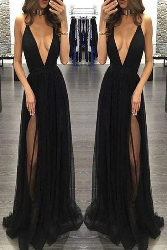 formal red evening gown-Sexy Spaghetti Straps Deep V-neck Sleeveless Black Tulle Prom Party Dress