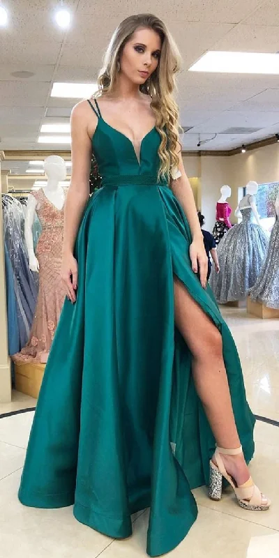 evening dress with mesh overlay-Sexy Spaghetti Straps Split Side Long Prom Dresses with Pockets