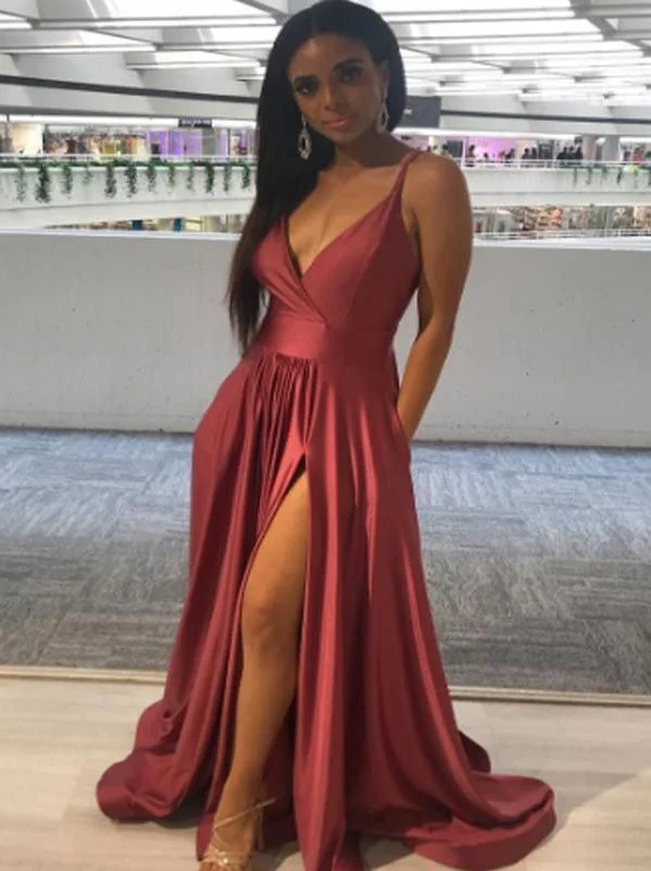 evening gown with sequins-Sexy Spaghetti Straps V Neck Split Side Prom Dresses Long Under 100