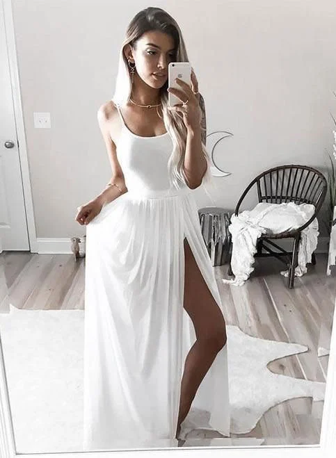 elegant evening dress with sleeves-Sexy Split Side White Long Prom Dresses for Women