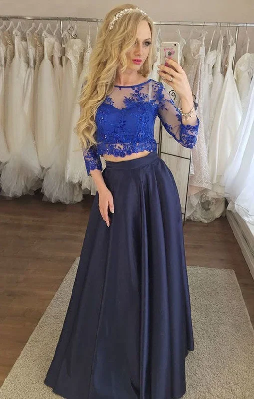 illusion neckline evening dress-Sexy Two Piece 3/4 Long Sleeves Long Prom Dresses with Appliques Lace