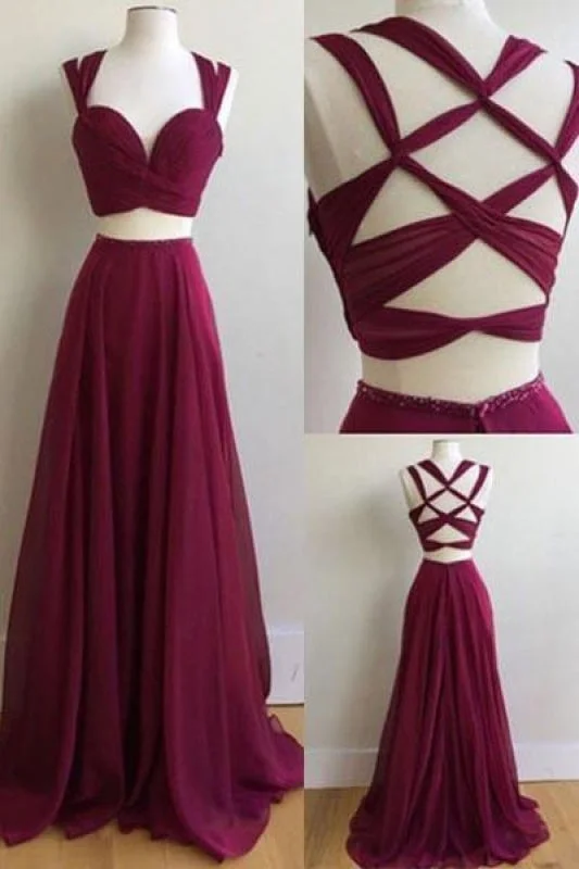 elegant ball gown evening dress-Sexy Two Pieces Sleeveless Sweetheart Band Chiffon Criss-Cross Straps Prom Dresses