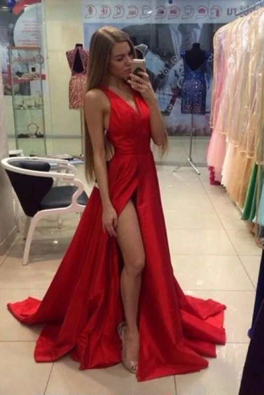 floor-length evening gown-Sexy V-Neck Sleeveless Prom Gown with Side Slit Sweep Train Split Red Dresses