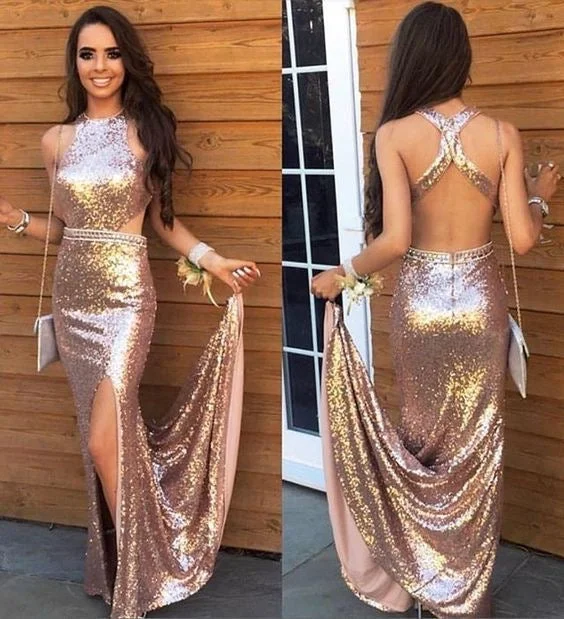 layered evening dress-Sheath Long Sequined Prom Dresses Evening Gowns