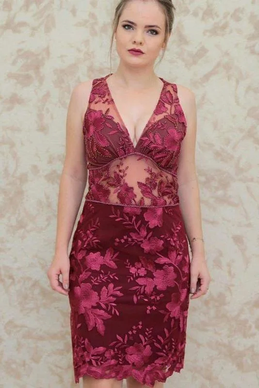 formal evening dress-Sheath V Neck Sleeveless Homecoming Dresses Dark Red Lace Short Prom Dress