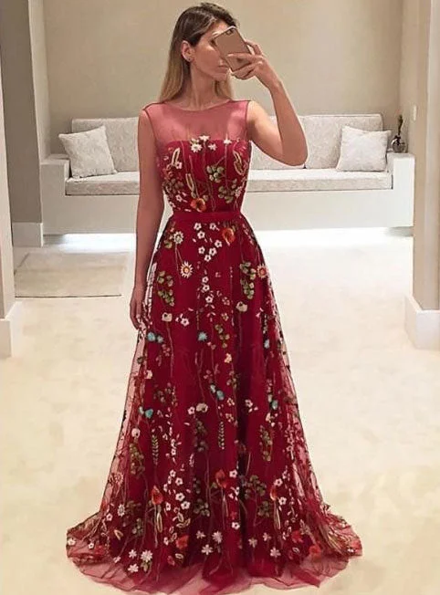 velvet long evening dress-Sheer Neck Burgundy Red Long Prom Dresses with Appliques Flowers