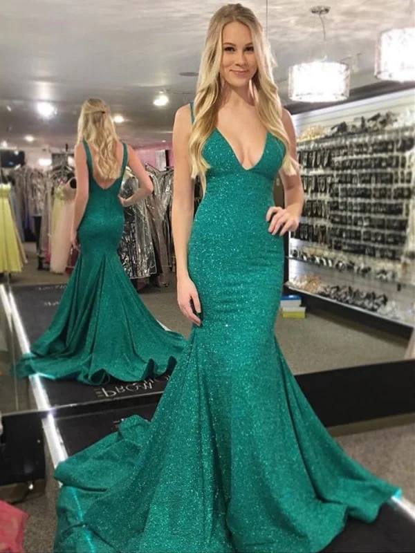 evening gown with sequins-Shiny Mermaid V Neck Backless Green Prom with Train, Green Mermaid Formal, Evening