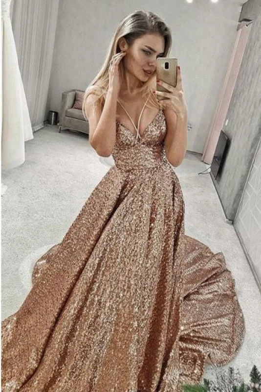 mermaid evening dress-Shiny Puffy Sleeveless Sequined Court Train Prom Dress Sparkly Sequin Evening Dresses