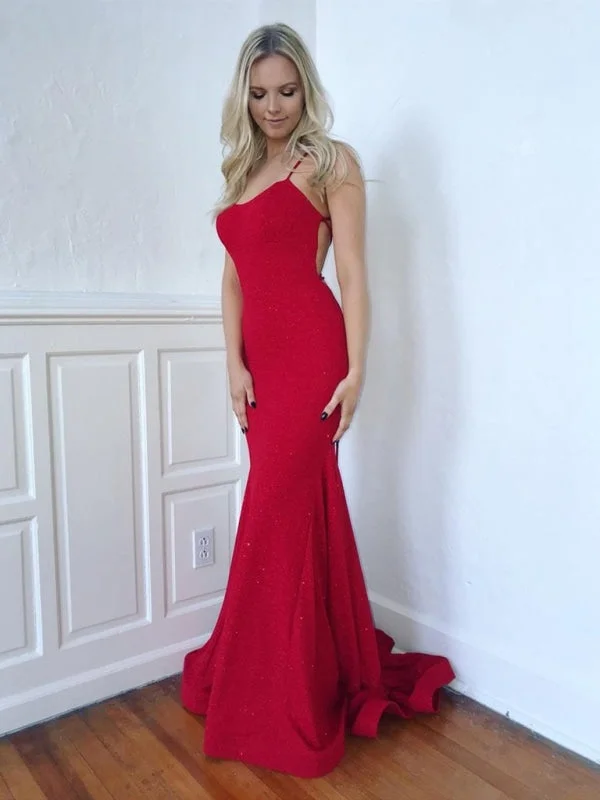 backless evening gown-Shiny Red Mermaid Backless Long Prom Dresses, Mermaid Backless Red Formal Graduation Evening Dresses