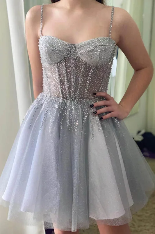 draped evening dress-Silver Gray Sleeveless Short Prom Dress with Tulle and Sequins