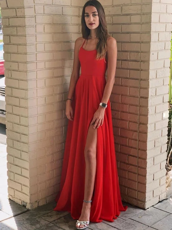 elegant white evening gown-Simple A Line Backless Red Long Prom with Leg Slit, Sexy Backless Red Formal Graduation Evening