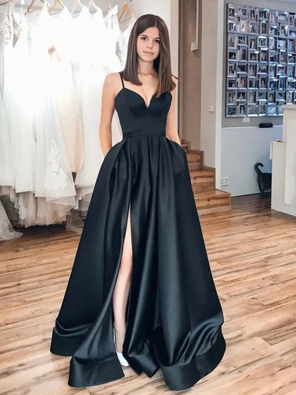 evening dress with mesh overlay-Simple A Line Satin Black Long Prom with High Slit, Long Black Formal, Black Evening