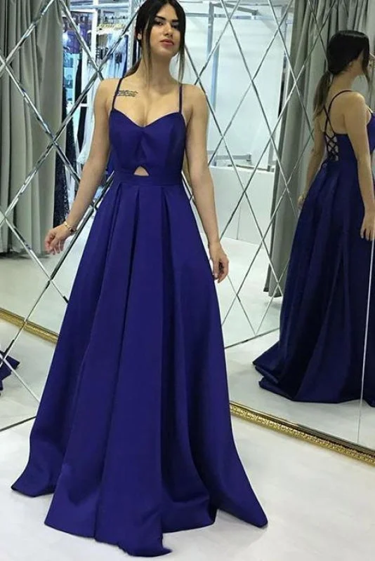 high-low evening gown-Simple A Line Spaghetti Straps Satin Long Prom Dresses Criss Cross Back