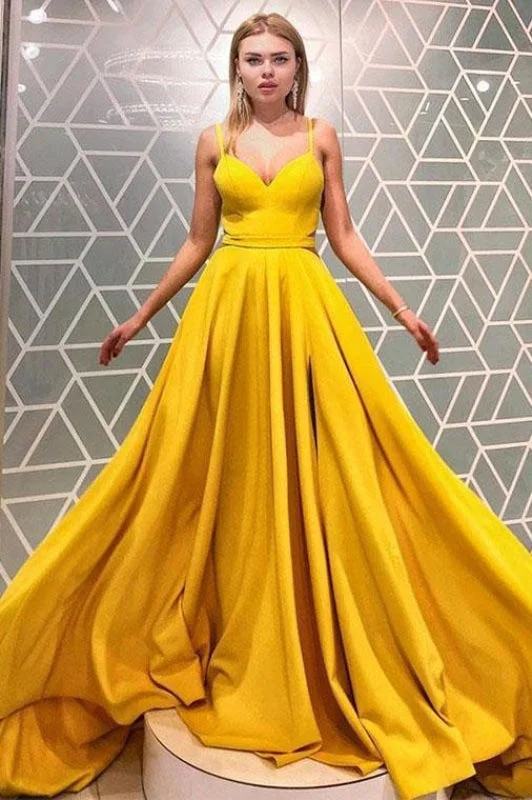 evening gown with keyhole-Simple A Line Spaghetti Straps Yellow Prom Dresses Cheap Long Formal Dress