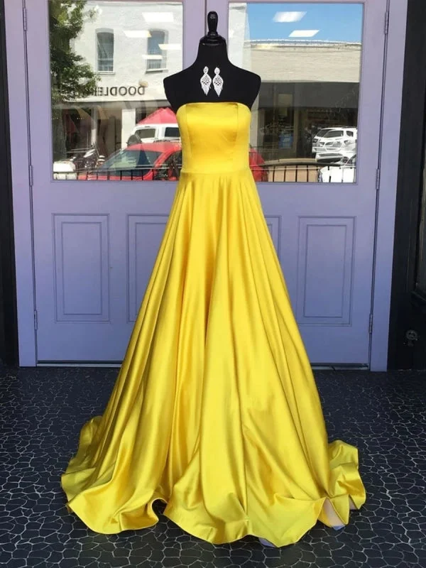 evening dress with sleeves and lace-Simple A Line Strapless Yellow Satin Long Prom, Strapless Yellow Formal Graduation Evening