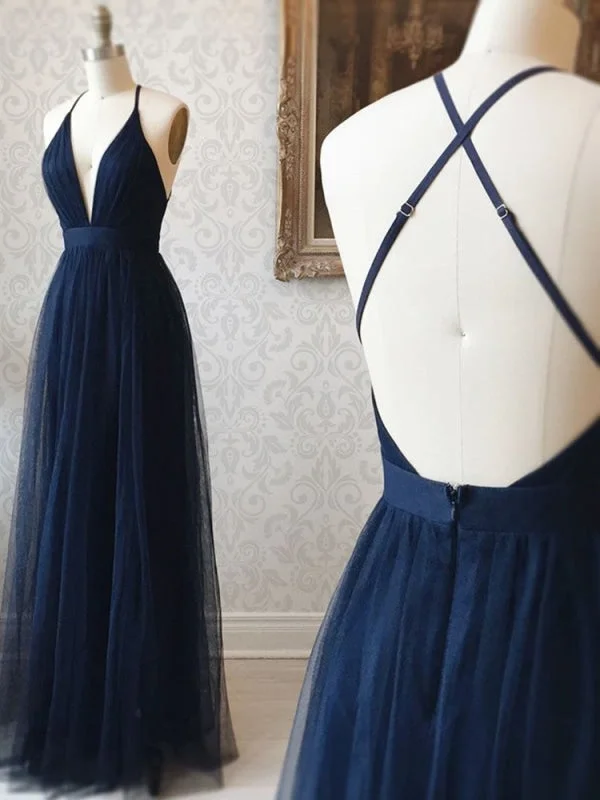 pleated evening dress-Simple A Line V Neck Backless Navy Blue Prom, Backless Navy Blue Formal, Evening