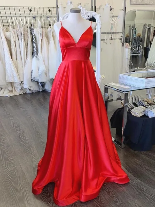 evening gown with cape-Simple A Line V Neck Backless Red Long Prom, Backless Red Formal, V Neck Red Evening