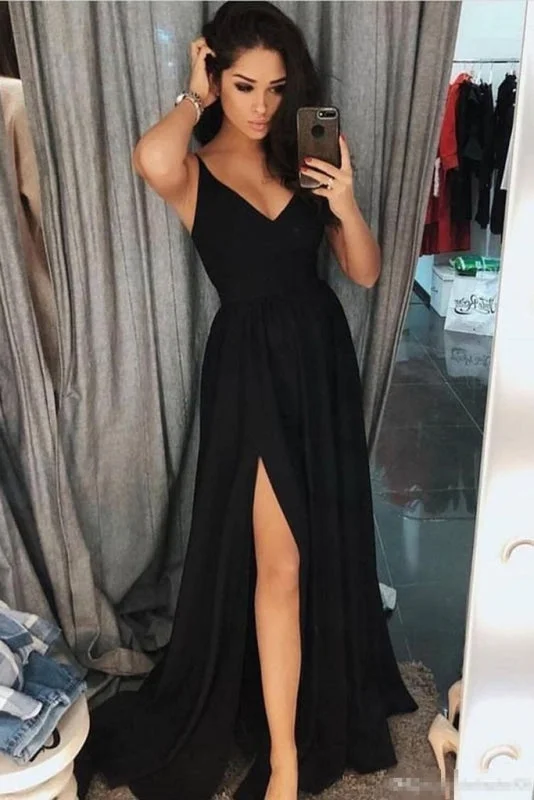 evening gown for formal events-Simple A Line V Neck Prom with Side Slit Black Chiffon Sleeveless Evening Dress