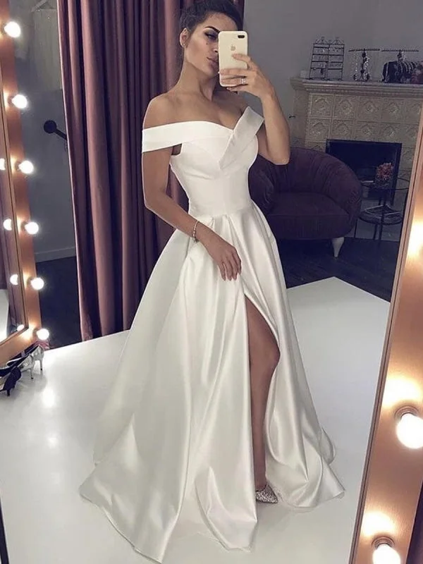 evening gown for formal events-Simple Off Shoulder White Satin Long Prom with Slit, Off Shoulder White Formal, White Evening