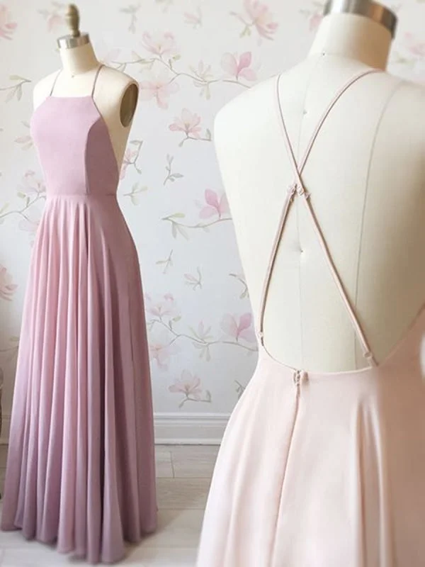 sleeveless tulle evening dress-Simple Pink A Line Backless Long Prom, Pink Backless Formal, Pink Evening