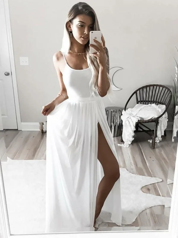 evening dress with beads-Simple Spaghetti Strap Square Neck White Prom with Side Slit, White Evening, White Formal