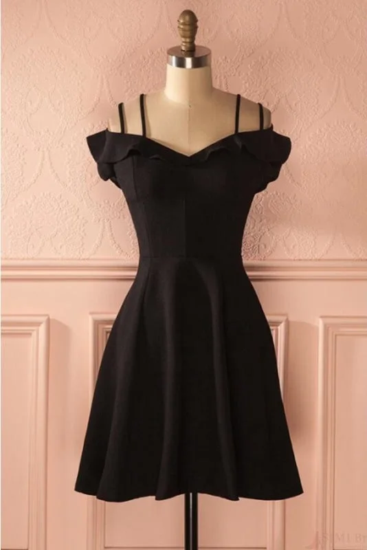 evening gown for black-tie events-Simple Strap Black Short Satin Graduation Dresses A Line Ruched Homecoming Dress