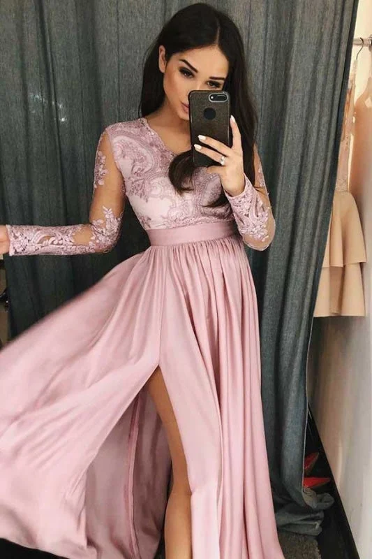 floor-length evening gown-Simple V Neck Prom Long Sleeves Pink Split Evening Dress with Lace