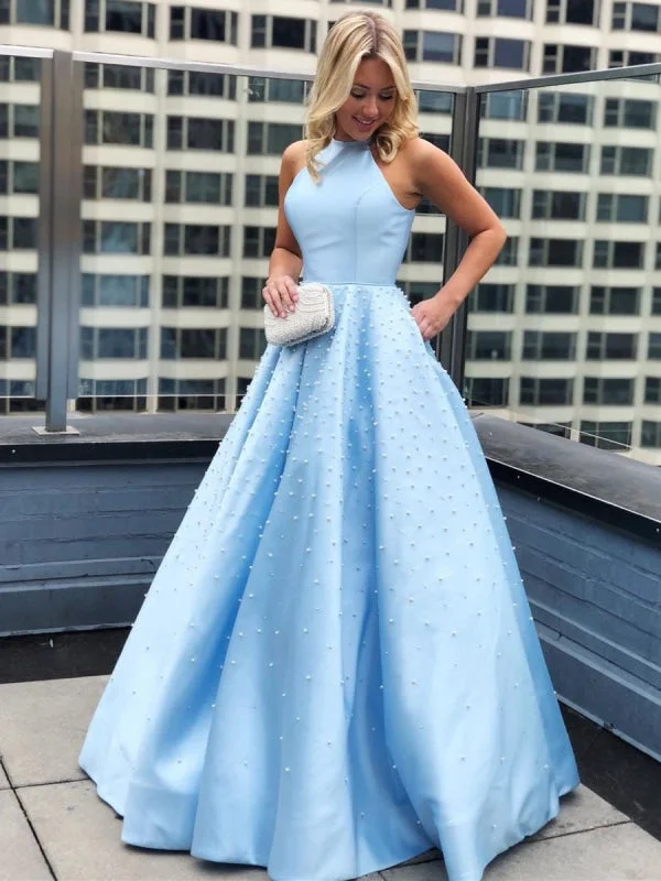 elegant evening gown with train-Sky Blue Halter Neck Beaded Long Prom, Elegant Sky Blue Formal, Evening