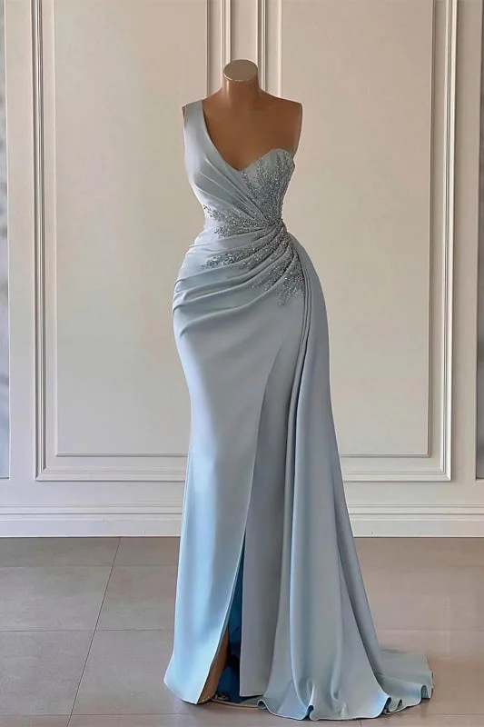 sequined formal evening gown-Sky Blue One-Shoulder Luxury Prom Dress Mermaid Split with Ruffles