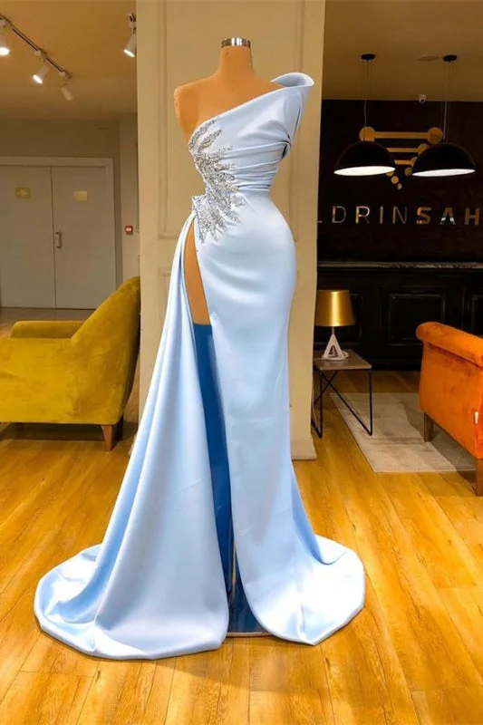 elegant ball gown evening dress-Sky Blue Sleeveless Long Mermaid Prom Dress with Beads