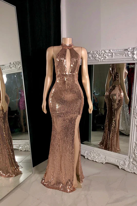 pleated evening dress-Sleeveless Halter Rose Prom Dress With Sequins and Long Slit