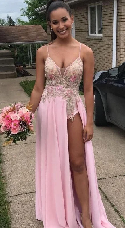 sweetheart neckline evening gown-Spaghetti Straos Long Prom Dresses Pants Light Pink Prom Gowns with Appliques