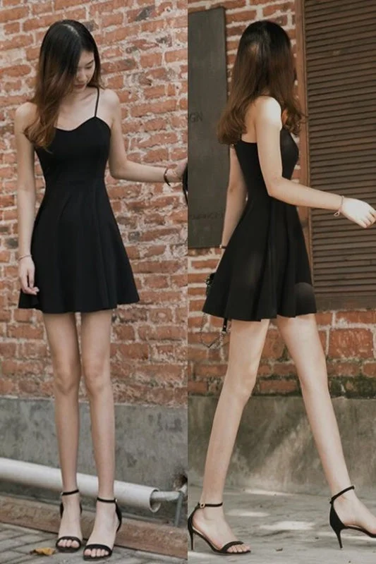 modest evening dress-Spaghetti Strap Black Mini Homecoming Dress Simple Little Graduation Dresses