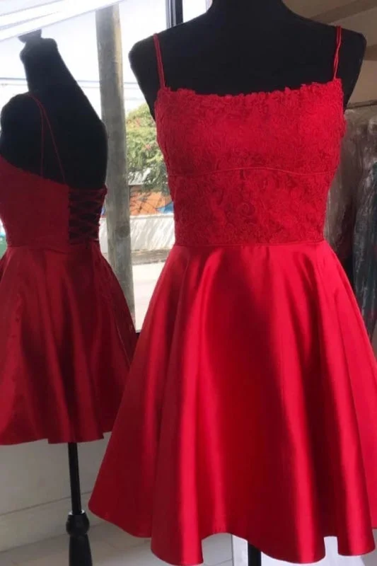 sweetheart neckline evening gown-Spaghetti Strap Satin with Lace Simple Little Red Homecoming Dress