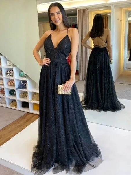 metallic evening dress-Spaghetti Straps Black Prom Dresses for Women HJ55