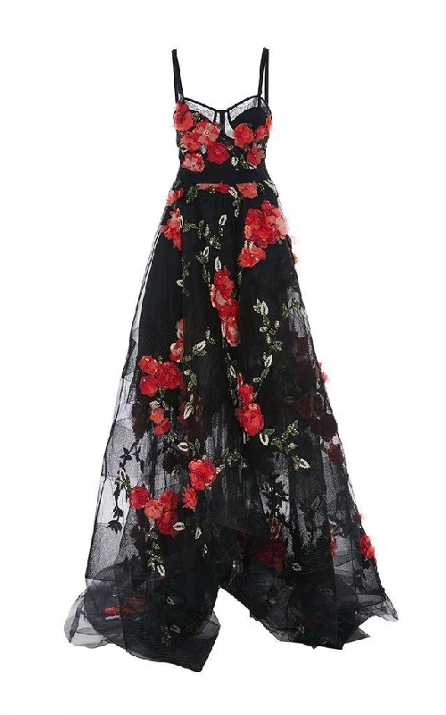 black lace evening gown-Spaghetti Straps Black Prom Dresses with 3D Flowers Appliques