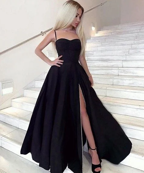 elegant lace overlay evening gown-Spaghetti Straps Black Split Side Long Prom Dresses