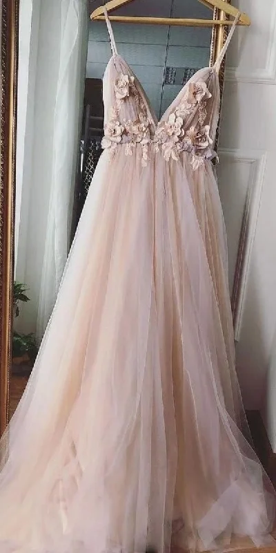 tulle evening dress-Spaghetti Straps Empire Long Prom Dresses with 3D Flowers