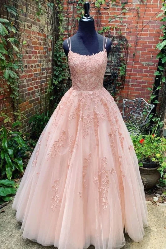 elegant evening dress with beads-Spaghetti Straps Floor Length Tulle Prom Dress with Lace Appliques