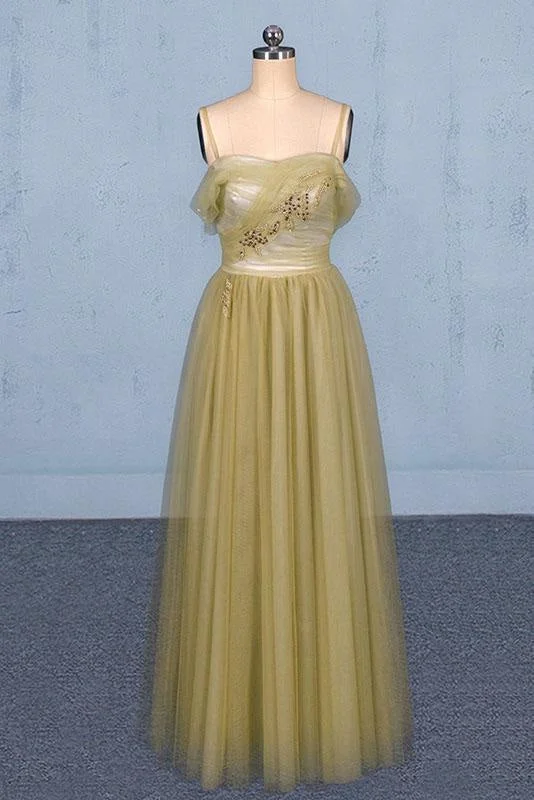 evening dress with sleeves and lace-Spaghetti Straps Floor Length Tulle Prom with Beading Long Evening Dress