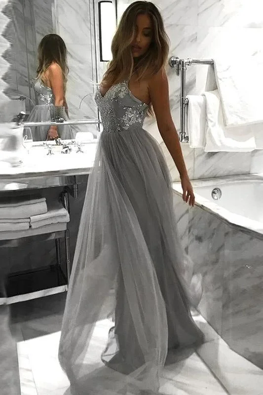 evening gown with keyhole-Spaghetti Straps Grey A Line Tulle Long Dress Floor Length Appliques Prom Gown