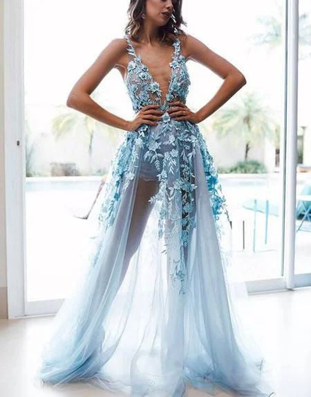 elegant ball gown evening dress-Spaghetti Straps Ice Blue Pants Prom Dresses with Appliques