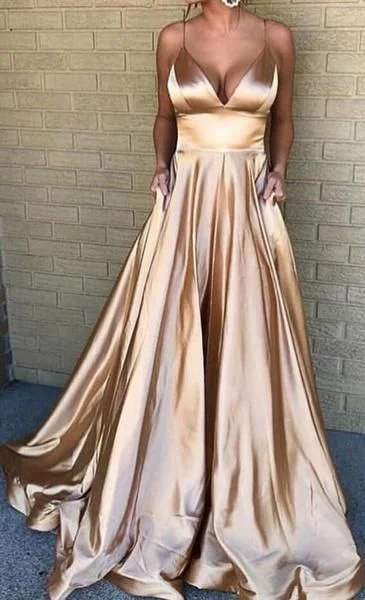 evening dress with ruffles-Spaghetti Straps Long Champagne Prom Dresses