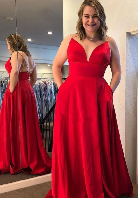 spaghetti strap evening dress-Spaghetti Straps Long Red Prom Dresses Evening Gowns