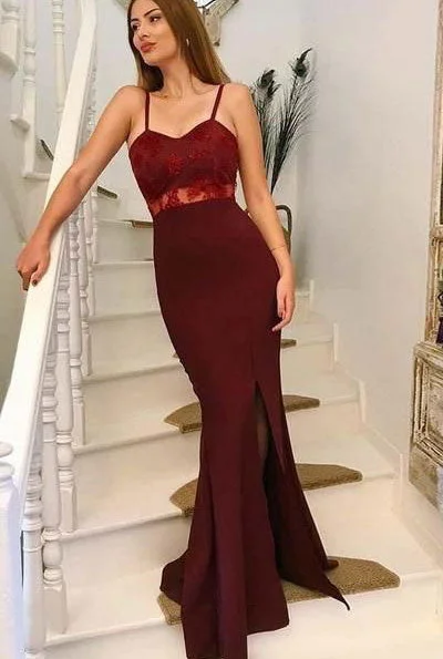 evening gown for black-tie events-Spaghetti Straps Mermaid Split Side Prom Dresses with Lace Appliques